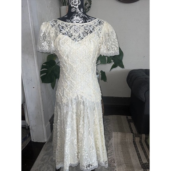 Vintage Ivory Ceam Lace Sequin Party Dress drop waist Sz 4 Bride shuet young - Picture 2 of 9